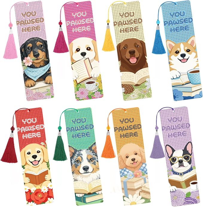 Dog Diamond Art Bookmarks - 8 PCS DIY Diamond Painting Bookmarks Kits Flower Art Craft Supplies Birthday Dog Gift for Dogs Lovers, Birthday Festival Gift for Reading Lover Beginners
