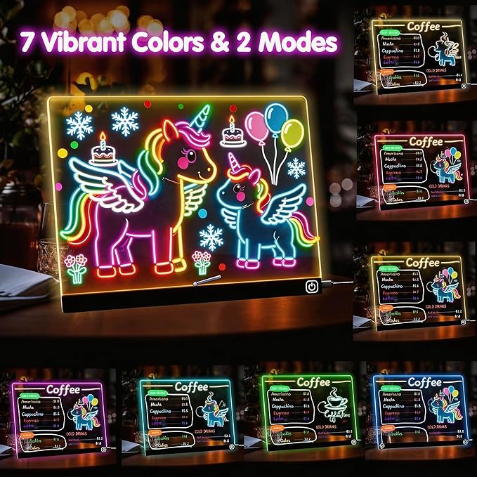 LED Note Board with Colors, 11.8"X9.4" Led Drawing Board Acrylic Dry Erase Board with Light 7 Colors Message Writing Board Night Light with 7 Markers for Home/Office/Christmas Decor