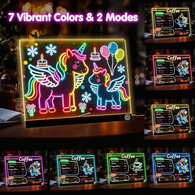 LED Note Board with Colors, 13.7"X10" Light Up Acrylic Dry Erase Board Led Drawing Board 7 Colors Message Board Night Light with 7 Markers for Birthday Party Christmas Gift