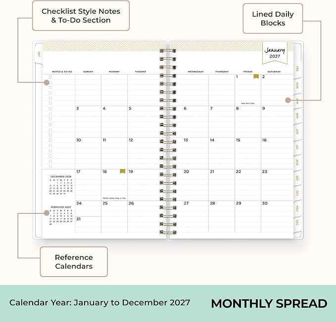 Blue Sky Day Designer 2027 Weekly and Monthly Planner Calendar, January 2027 - December 2027, 5" x 8", Flexible Cover, Durable Twin Wire Binding, Storage Pocket, Includes Stickers, Tile