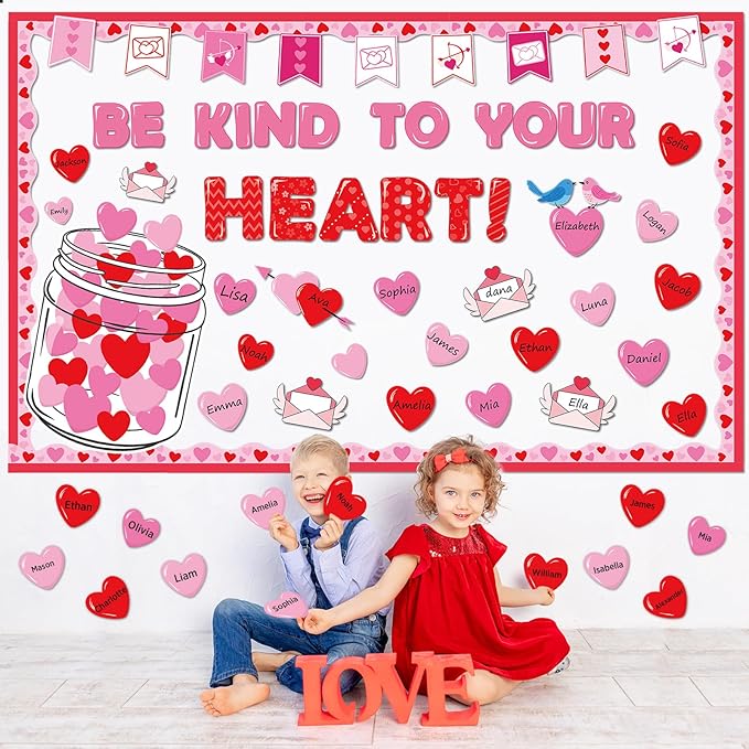 gisgfim Valentine's Day Bulletin Board Set Decorations Valentines Classroom Decor Love Heart Name Tag Cutouts for School Home Chalkboard Wall Door Valentine Party Supply(Be Kind to Your Heart)