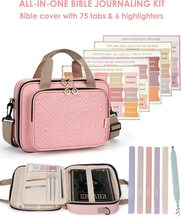 Bible Cover Case for Women, Large Bible Bag Carrying Case with Shoulder Strap, Bible Study Supplies Bible Journaling Kit Book Carrying Case with Bible Highlighters Tabs