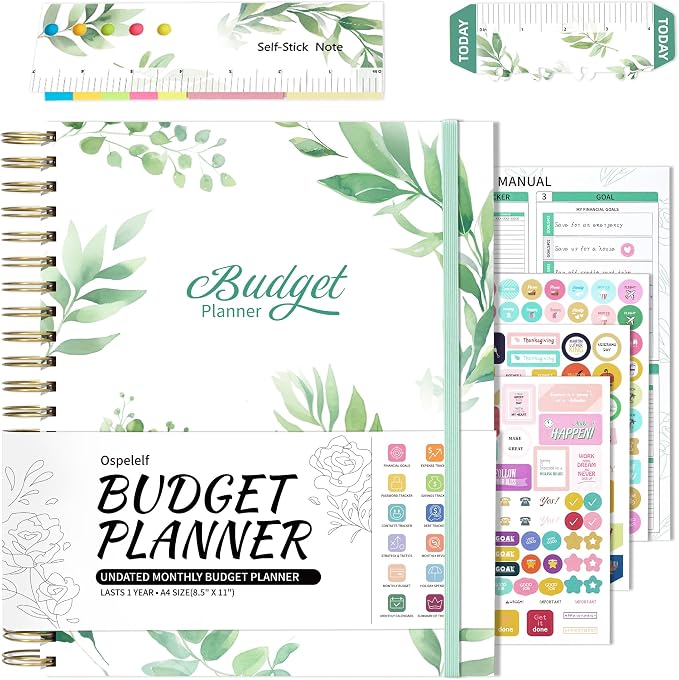 Ospelelf Budget Planner - Monthly Budget Book with Expense Tracker Notebook, Undated 12 Month Bill Organizer & Finance Planner, A4 Account Book with 12 Index Pockets, Zipper Pouch, Stickers(Green)
