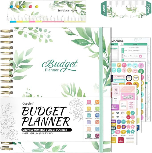 Ospelelf Budget Planner - Monthly Budget Book with Expense Tracker Notebook, Undated 12 Month Bill Organizer & Finance Planner, A4 Account Book with 12 Index Pockets, Zipper Pouch, Stickers(Green)