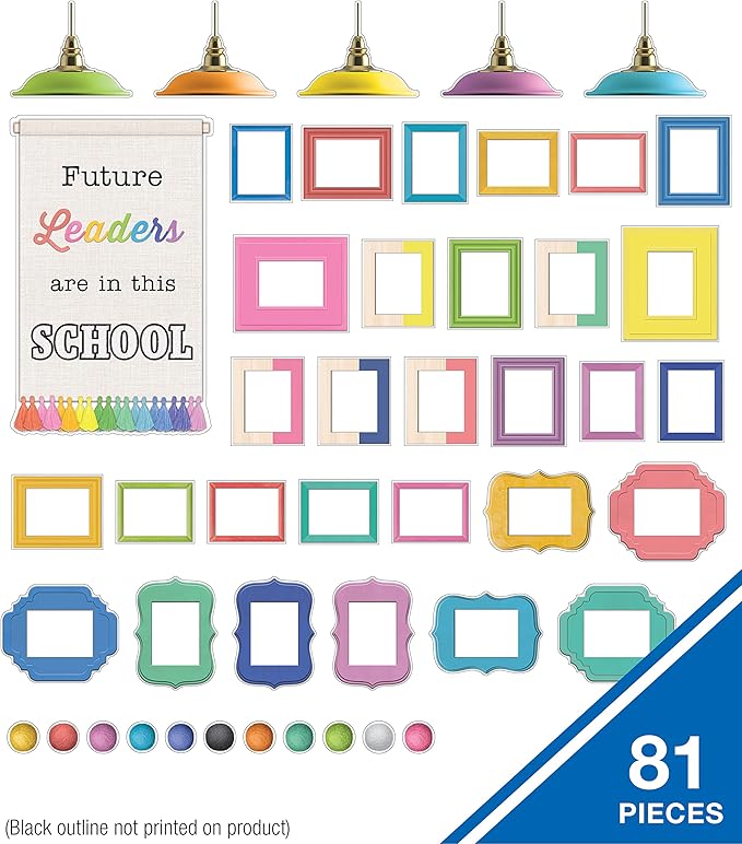 Carson Dellosa Creatively Inspired 81 pc Bundle Future Leaders Bulletin Board Set, Banner with Inspirational Quote, Colorful Frames, Poms, Lights, and More Classroom Decor