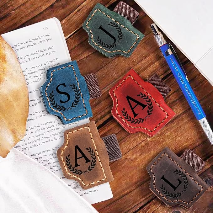 Custom Magnetic Bookmarks with Pen Holder, Personalized 26 Letters Name Initial Leather Bookmark, Leather Book Mark for Men Women Teachers, Readers Book Lovers Gifts (Brown, C)