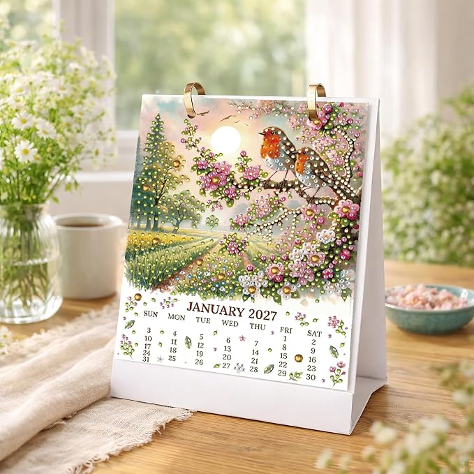 2027 Standing Desk Calendar DIY Diamond Art Painting Monthly Flip Dates Holiday Double-Sided Pattern Tabletop Calendars Diamond Art Craft Supplies Planner Office Home-Holiday