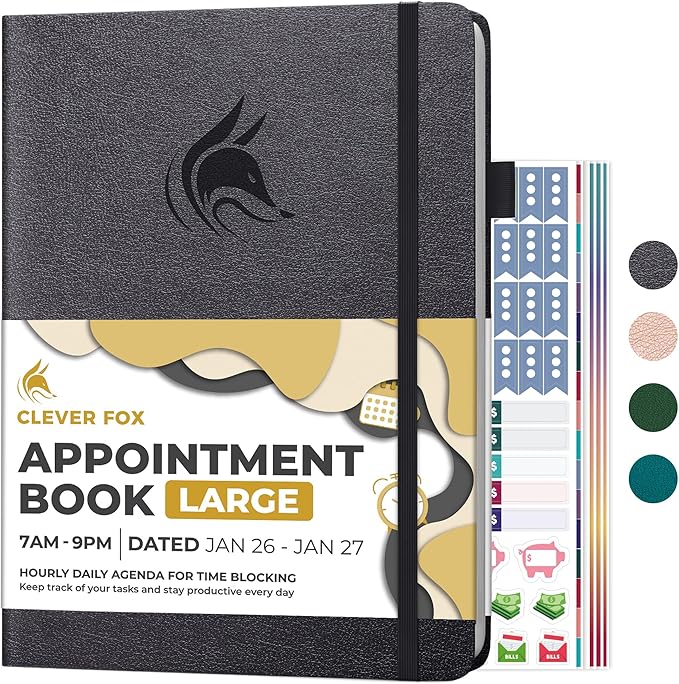 Clever Fox Appointment Book Dated Jan 2026-Jan 2027 – Hourly Schedule Planner with 15-Minute Increments – Time Box Planner for Daily Work & To-Dos – Hardcover, 8.3x11″ (Silver Black)