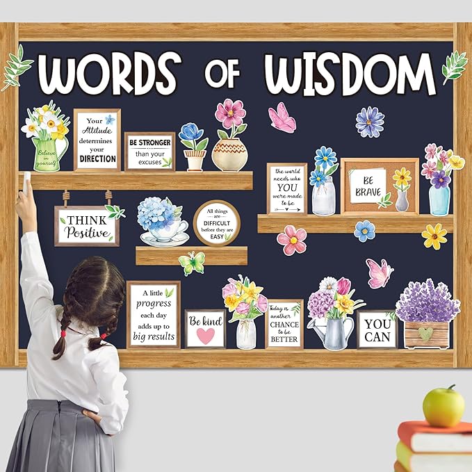 Mooliwe 57 Pcs Spring Bulletin Board Set Inspirational Flower Bulletin Board Decoration Positive Cutout Classroom Decoration for School Office Home Teacher Classroom Wall Supplies