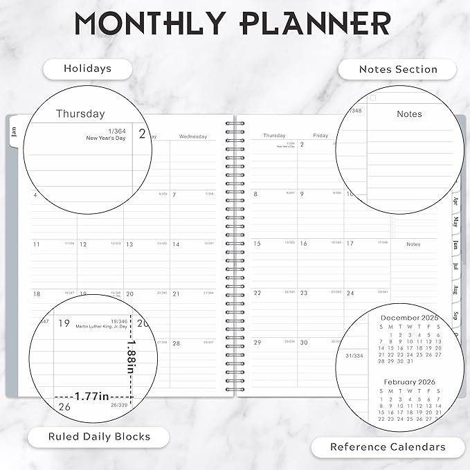 2026 Planner - January 2026 - December 2026, 9" x 11" Weekly Monthly Planner 2026, Tabs, Spiral Bound, Back Pocket, Gray