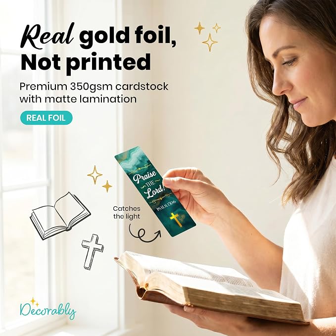 Decorably 100 Pack 2x6in Gold Foil Bible Bookmark with Religious Verses Set - 50 Inspirational Double-Sided Designs with Elegant Cross for Women & Men, Journals, Easter Gift, Church & Office Supplies