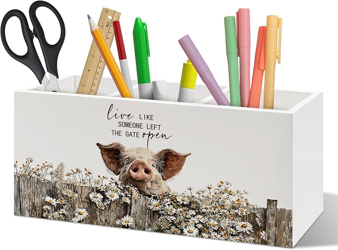 Rustic Pig Pen Holder Organizer, Farmhouse Pig Gifts for Women Girls PigLovers Desk Decor, Live Like Someone Left the Gate Open Wooden Pen Pencil Holders for Vintage Desk Accessories