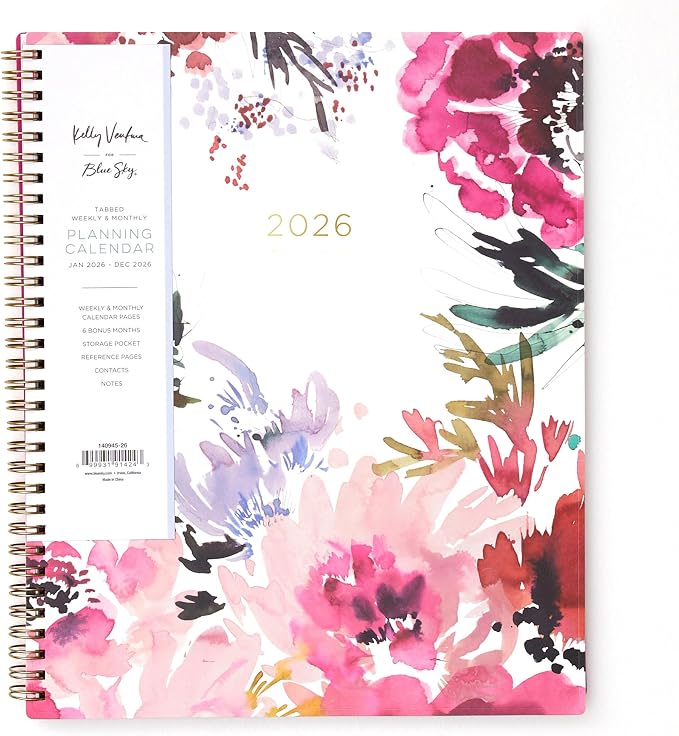 Blue Sky Kelly Ventura 2026 Weekly and Monthly Planner Calendar, January 2026 - December 2026, 8.5" x 11", Flexible Cover, Laminated Tabs, Durable Twin Wire Binding, Storage Pocket, Magenta Blooms