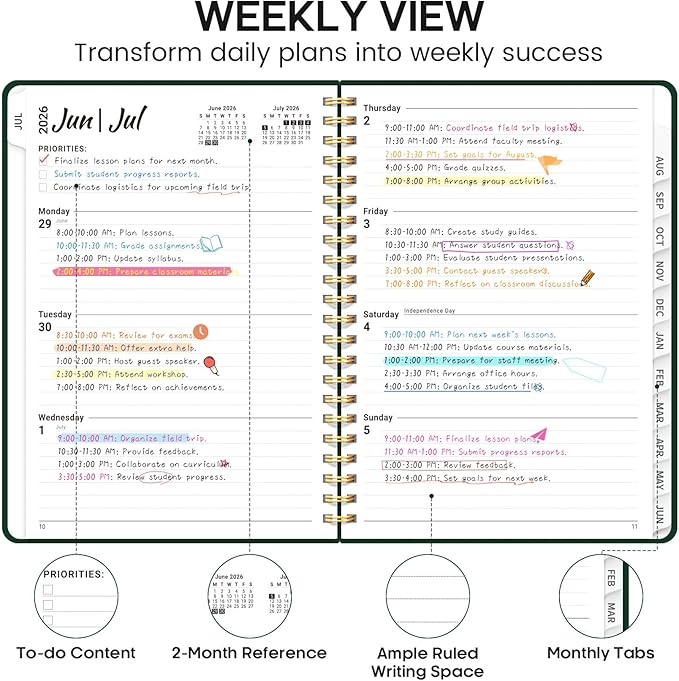 Academic Planner 2026-2027, Weekly and Monthly Calendar Planner Book, July 2026 – June 2027, Hardcover Organizer with Tabs, Perfect for Teachers, Students, Women & Men, A5 (6.4" x 8.5") - DarkGreen