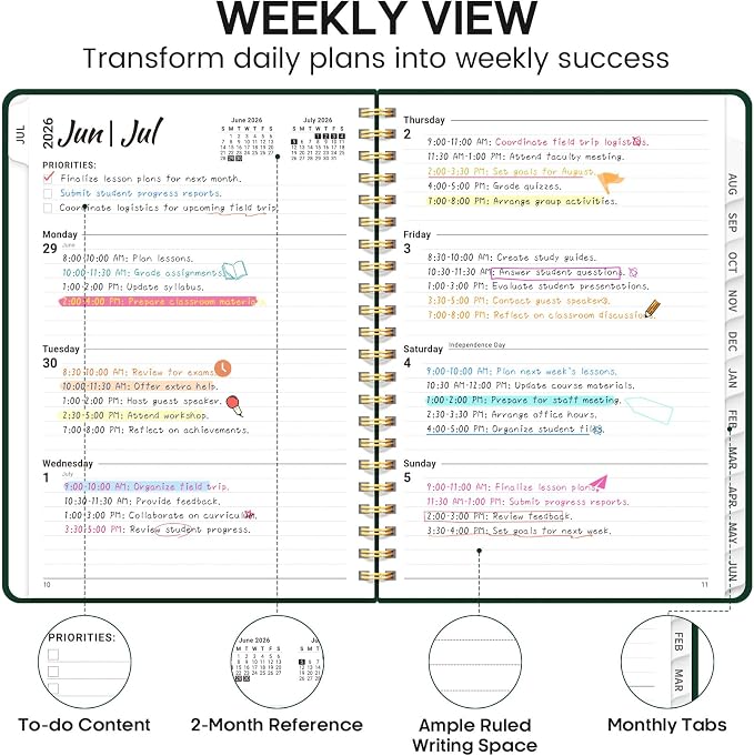Academic Planner 2026-2027, Weekly and Monthly Calendar Planner Book, July 2026 – June 2027, Hardcover Organizer with Tabs, Perfect for Teachers, Students, Women & Men, A5 (6.4" x 8.5") - DarkGreen