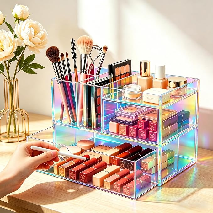 Desk Organizer with Drawers Acrylic Desktop Organizer Pen Holder Caddy for Office Supplies Makeup Organizer for Vanity, Iridescent