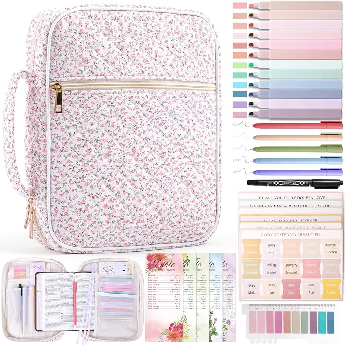 XKDOUS 30 Pcs Bible Cover Kit for Women Quilted Book Carrying Case Pink Bible Bag with Study Supplies Journaling Kit Large Church Book Holder Christian Gifts for Mother Lady