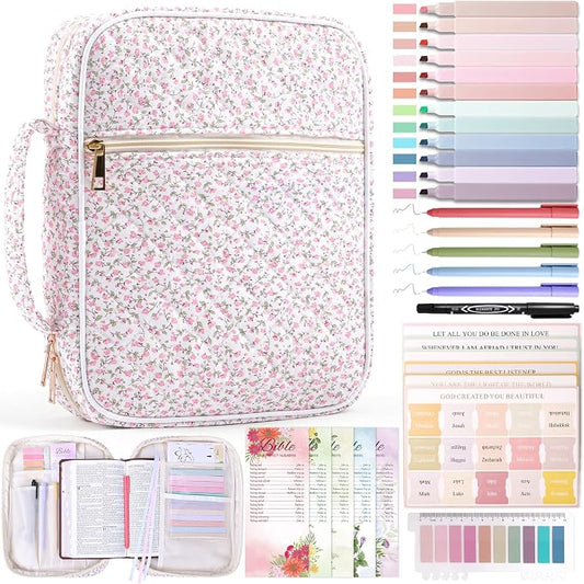 XKDOUS 30 Pcs Bible Cover Kit for Women Quilted Book Carrying Case Pink Bible Bag with Study Supplies Journaling Kit Large Church Book Holder Christian Gifts for Mother Lady