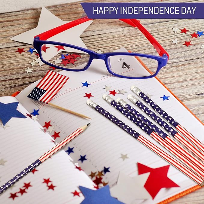 Outus 30 pcs American Flag Pencils USA Flag Patriotic Pencils with Erasers for Veterans Day, Independence Day, 4th of July Party Favors Party Favor, Office Supplies
