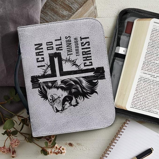 Vintage Cross and Lion Bible Case with Bookmark Waterproof Bible Cover Case for Women Lightweight Bible Bag with Handle Pockets Church Book Bag Grey