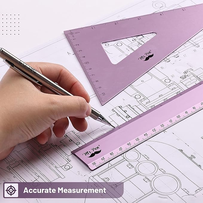 Mr. Pen- Metal Geometry Kit, 4 Pack, 45° & 30°/60° Set Squares, 6" Protractor & 12" Ruler, Durable Metal Drafting Tools for Technical Drawing, Math, Engineering & Architecture