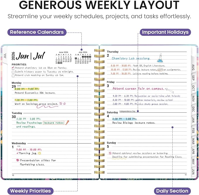 Planner 2026–2027, Academic Year Monthly & Weekly Calendar Book, Jul 2026–Jun 2027, Hardcover Organizer with Tabs, Student & Teacher Planner, 6.3" x 8.5", Lavender Whiskers