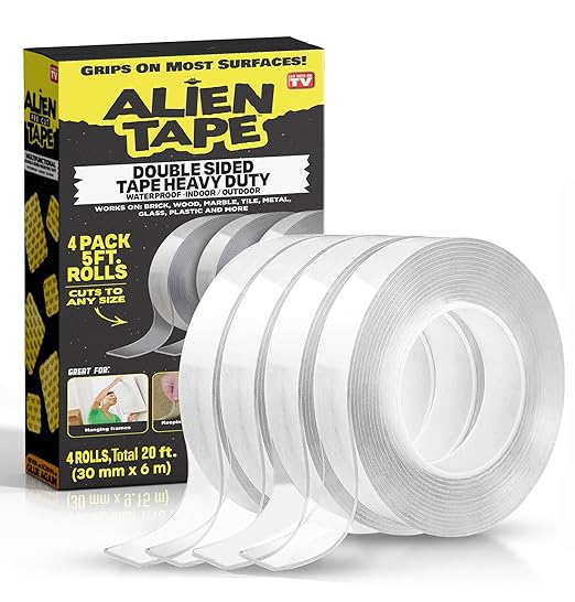 ALIEN TAPE Heavy Duty Double Sided Tape, Nano Tape, Feet Clear Adhesive Tape for Poster Photo Wall Decor As Seen on TV, (4 Rolls - 20 Feet Total)