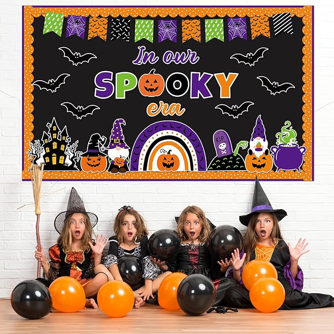 ojustbeok Halloween Bulletin Board Rainbow Pumpkin Ghost Decorations Bat Castle Paper Cutouts in Our Spooky Era Bulletin Board for Halloween Holiday School Chalkboard Wall Decor