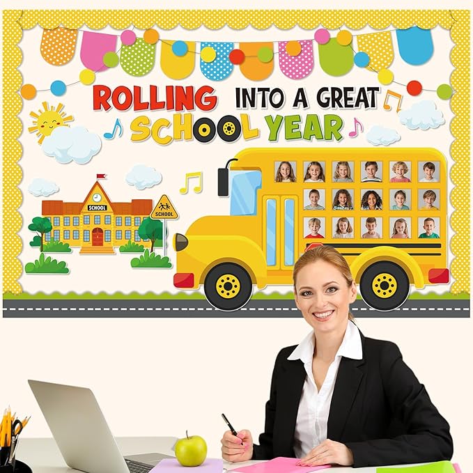 Funrous 89 Pcs Back to School Bulletin Board Set Yellow Bulletin Board Borders Yellow Bus Cutouts DIY Photo Crafts Rolling into a Great School Year Classroom Decor for Welcome Back Classroom Office