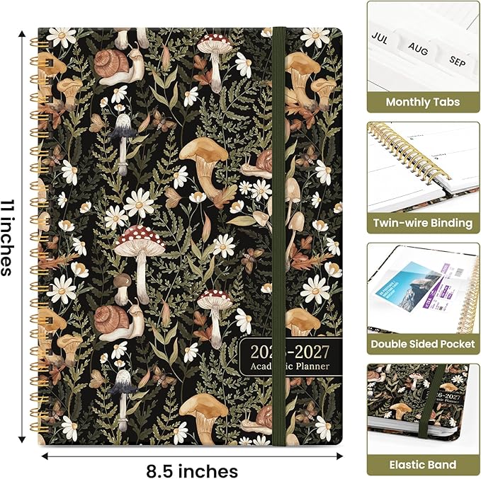 Planner 2026-2027, Academic Monthly and Weekly Calendar Planner for Women, July 2026 - June 2027, Hardcover Pretty Agenda Planner Book with Tabs, Spiral Daily Organizer for School Office Home Supplies, 8.5" x 11" - Mushroom