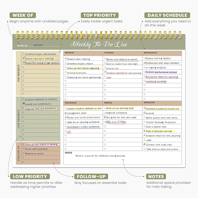 Weekly To Do List Notepad with 52 Undated Sheets（8.5"×11"）6 Pack - Undated Weekly Planner Notepad for Office Desk Accessories and Supplies - Forest Shades