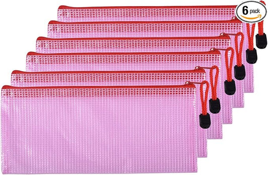6 Pcs 4.13" x 9.25" Bills Sizes Mesh Zipper Pouch Bags, Mesh Bags with Zipper，Waterproof Clear document pouch for Organization Puzzles Travel, Office, Classroom Organization, Bills Red