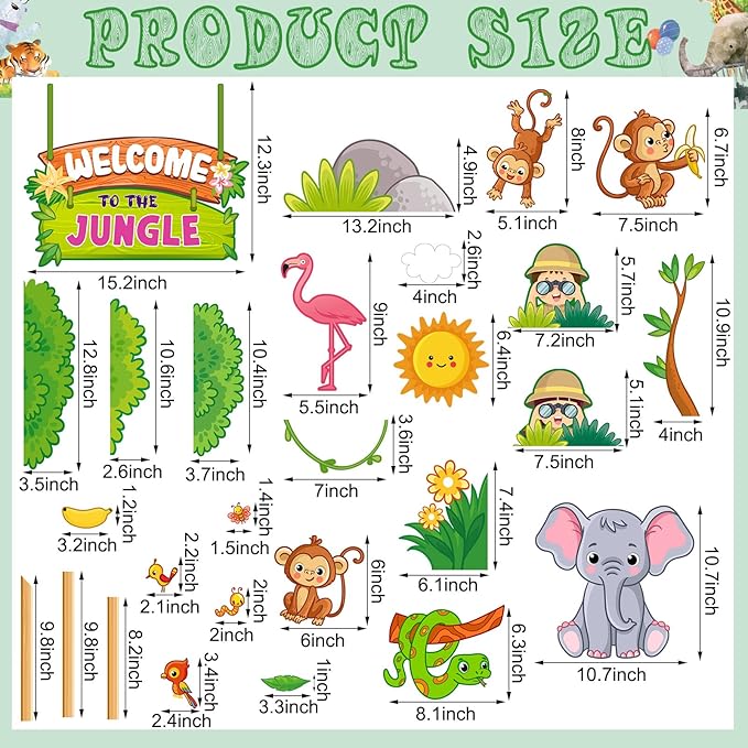 103 Pcs Jungle Bulletin Board Set Welcome to the Jungle Animal Bulletin Board Decorations Monkey Elephant Forest Cutouts Educational Classroom Wall Decorations