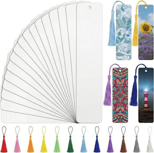 30 Pcs Acrylic Sublimation Bookmark Blank Heat, Transfer Aluminum Metal Bookmarks, Heat Transfer Craft Tag with Colorful Tassels for DIY Reading Projects Crafts, 4.72''x1.26''