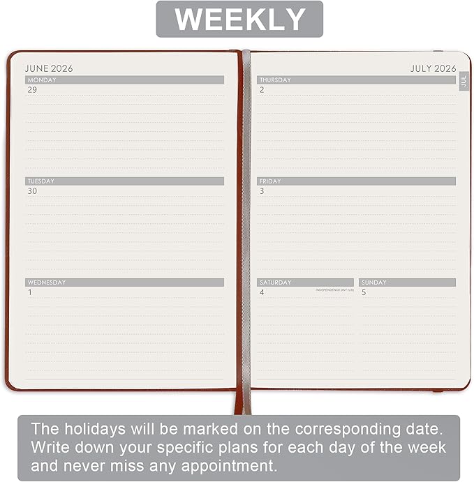 Planner 2026-2027 - Jul. 2026 - Jun. 2027, Academic Planner 2026-2027, Leather Planners Weekly and Monthly, 6.3" x 8.4", Hardcover with Back Pocket + Thick Paper + Twin-Wire Binding - Wine Red