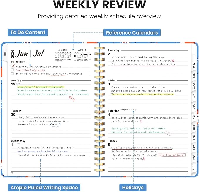 Planner 2026-2027, Monthly and Weekly Calendar Academic Planner July 2026 - June 2027, Hardcover Student Teacher Planning Agenda Book with Tabs, Perfect for Office School Supplies, A5 (6.3" x 8.5") - Cosmic Pups