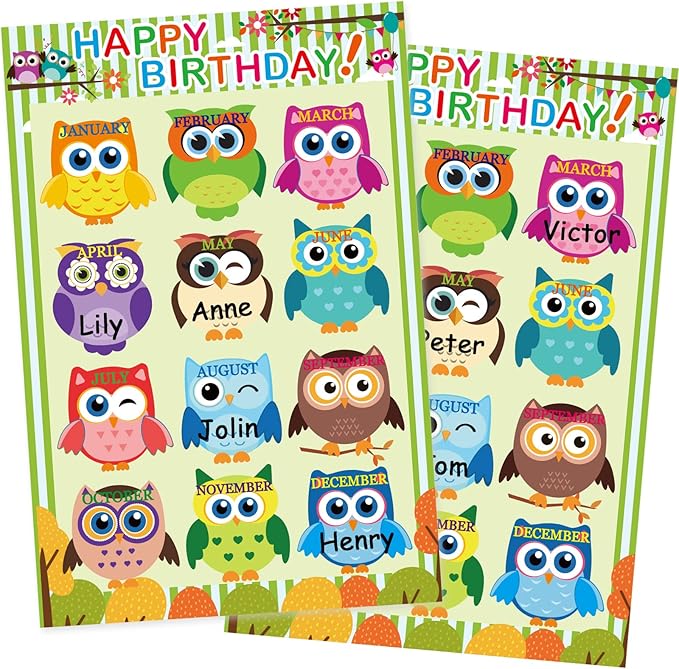 Happy Birthday Chart for Classroom, 2Pcs Birthday Poster Decoration 17’’ x 12’’ Birthday Owl Calendar Cutouts for School Bulletin Board, Chalkboards, Wall Decor