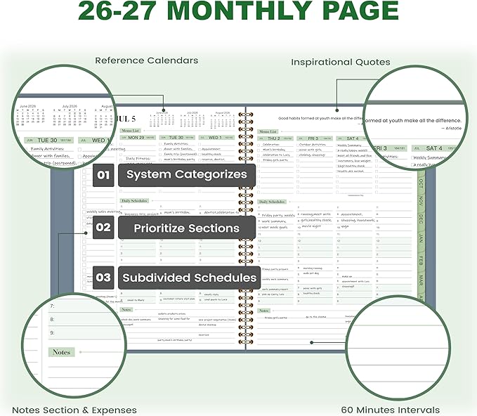 Appointment Book 2026-2027- Business Planner, JUL 2026 - JUN 2027,Planner 2026-2027, 3-Tier Schedule Planner, 8.74" x 11.38", 60 Minutes Intervals + Monthly Tabs + Leather Cover + Pocket - Pea Green
