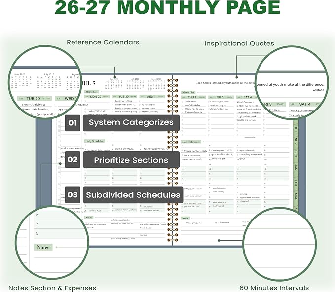 2026-2027 Planner - Business Planner 2026-2027, 3-Tier Schedule Planner Notepad, JUL 2026 - JUN 2027, 26-27 Appointment Book, Daily Planners, 8.74" x 11.38", 60 Minutes Intervals + Monthly Tabs + Leather Cover + Pocket - Pea Green