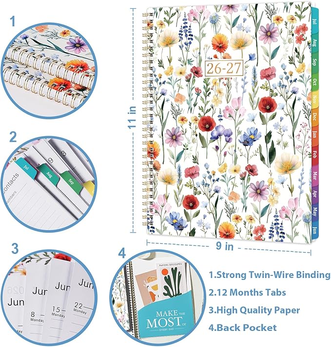 Planner 2026-2027 - Jul. 2026 - Jun. 2027, 8.5" x 11" Planner Weekly and Monthly, Calendar Planner 2026-2027 with 12 Monthly Tabs, Cardboard Cover, Back Pocket