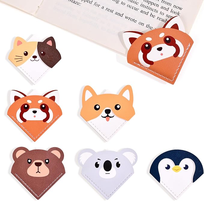 6 Pcs Cute Animal Shaped Leather Bookmarks, Adorable Corner Page Accessories, Animal Themed Book Page Holders, Durable Book Markers for Reading, Reading Gifts for Girls Women Teenage & Book Lovers