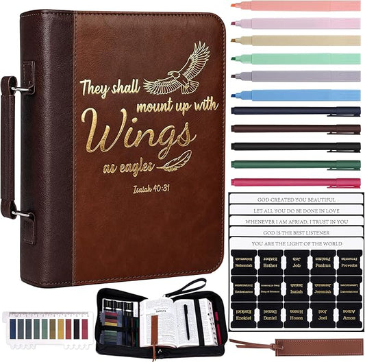 XKDOUS 20 Pcs Bible Cover Kit for Men Leather Book Carrying Case Church Bag Holder with Handle, Tabs, Pens, Study Supplies Christian Gift Father Day for Dad, Mom, Women, Friends