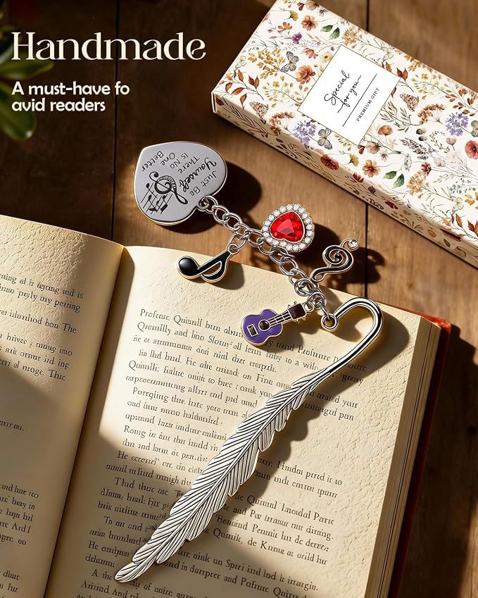Buleens Bookmarks for Women Reading - Book Marks for Readers Book Lovers, Feather Music Guitar Purple Personalized Metal Bookmark with Pendants, Pretty and Aesthetic Book Accessories Reading Gifts