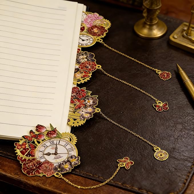 4 PCS Vintage Metal Bookmarks, Steampunk Book Mark with Clock&Flower Pendant for Book Lovers, Students, Teachers, Writers - Unique Reading Gift for Birthday, Graduation, Christmas