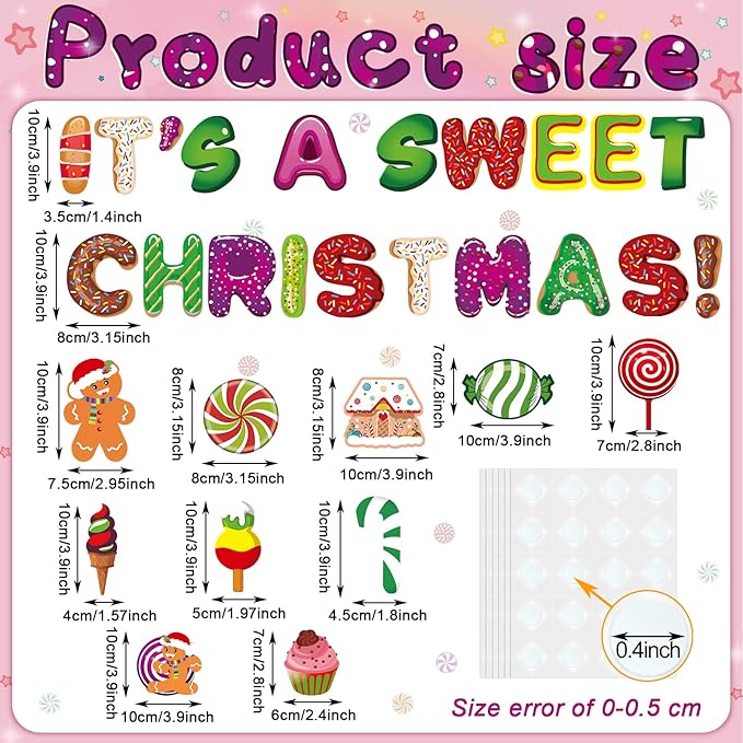 Marspark 68 Pcs Candy Land Cutouts Christmas Bulletin Border Decoration Peppermint Lollipop Round Gingerbread Man Wall Cutouts It's a Sweet Christmas Decor for Classroom Holiday