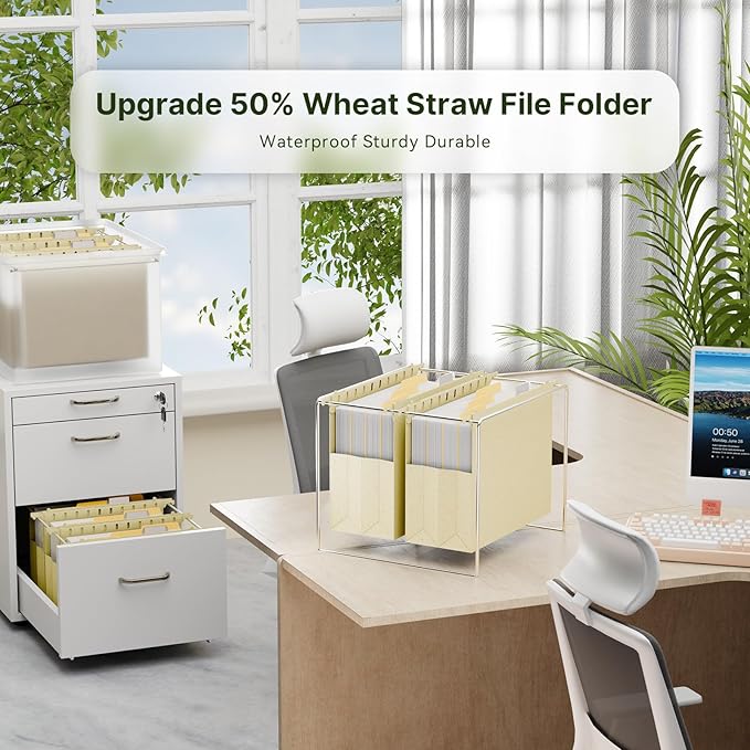 XINGIA 6 Pack Extra Capacity Hanging File Folders Letter Size,Wheat Straw Reinforced Hanging File Organizer for Filing Cabinets, 4 Inch File Folders with Hooks,Expandable Hanging Files with Tabs