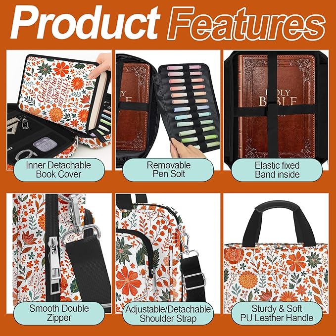 Autumn Flower Bible Cover Case for Women, Boho Cute Large Church Bible Bag Books Carrying Case with Shoulder Strap and Handle Zipper Pocket, Bible Study Supplies Journaling Kit Christian Gifts