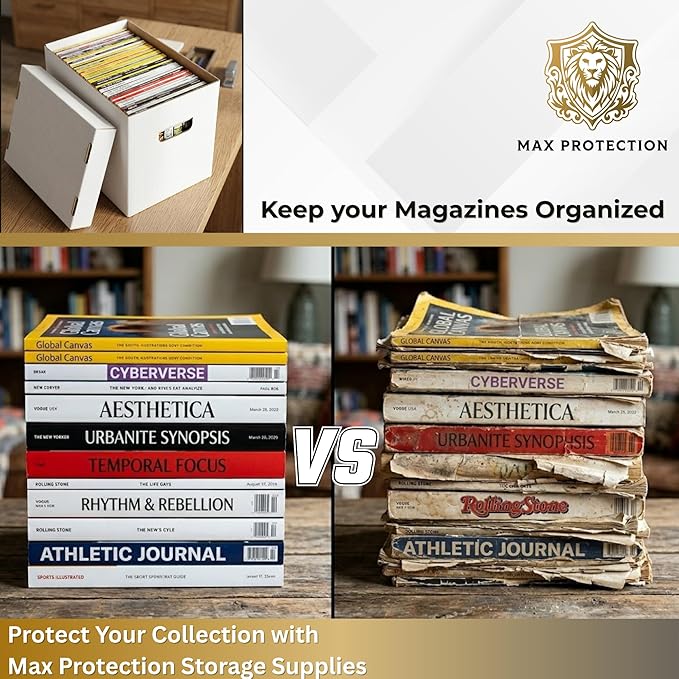 Max Protection Storage Boxes with Lids for Magazine, File, and Document Organization - Heavy Duty 200 lb Test Cardboard Boxes - Made in USA Corrugated Paper, 1 Pack