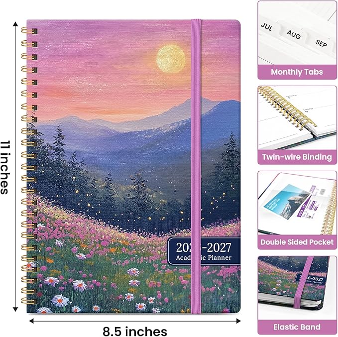 Planner 2026-2027, Academic Year Monthly and Weekly Calendar Planner, Jul 2026 - Jun 2027, Hardcover Teacher Student Planning Agenda book with Tabs, Perfect for School Office Supplies, 8.5" x 11" - Twilight Bloom