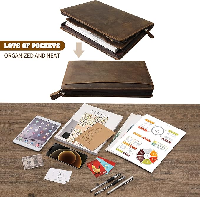 Ringsun Genuine Leather Portfolio with Zipper, Business Organizer for A4/Pad/Phone, Brown, RS63